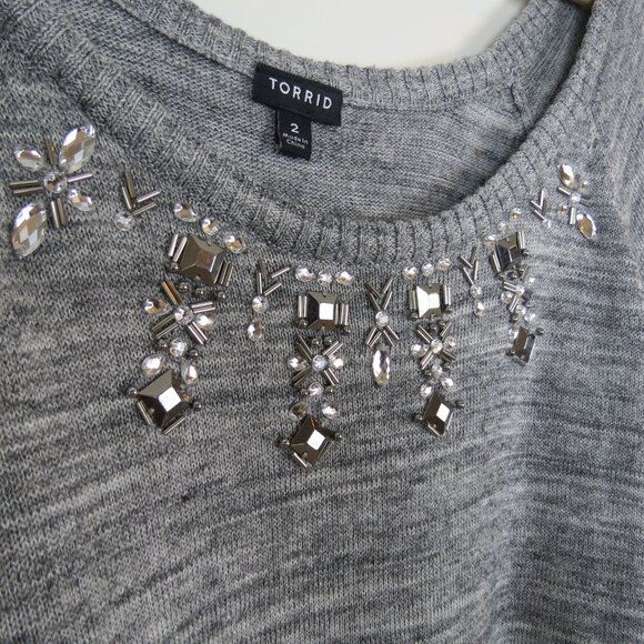 TORRID Women's Gray Marled Embellished Scoop Neck Pullover Sweater 2 Rhinestone - Picture 5 of 10